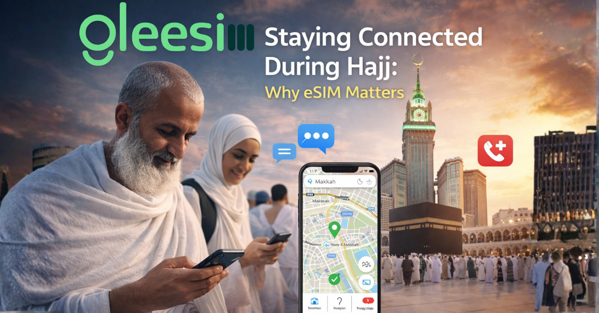 Umrah pilgrims using GleeSIM eSIM for navigation maps