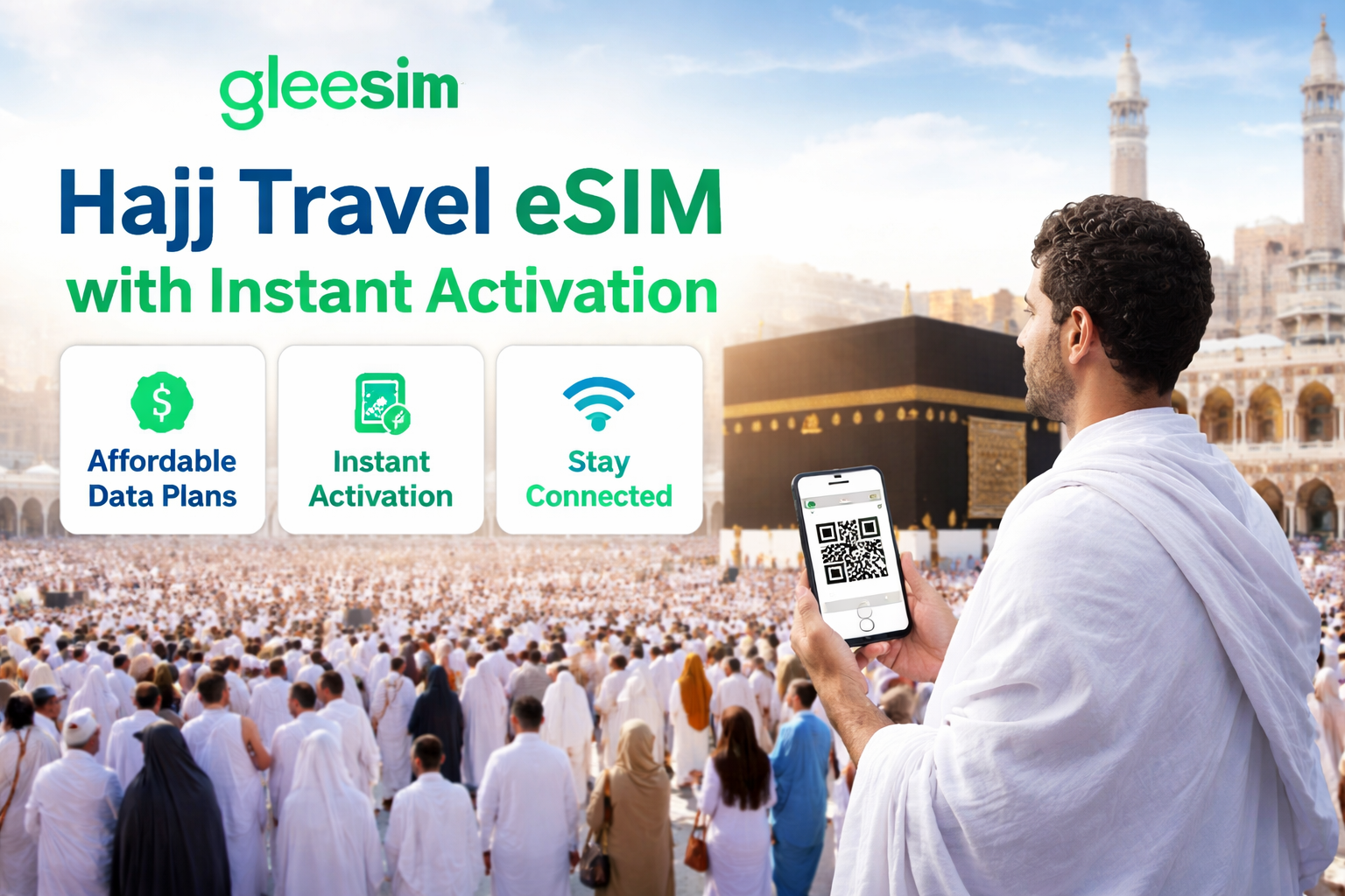 Pilgrim using smartphone with GleeSIM eSIM in Madinah