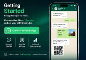 Traveler starting a GleeSim WhatsApp managed eSIM with instant activation, QR code delivery, and no app required.