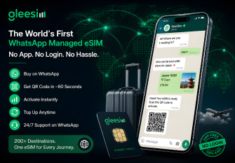 Modern GleeSim WhatsApp managed eSIM featuring app-free travel connectivity, QR code activation, and global coverage.