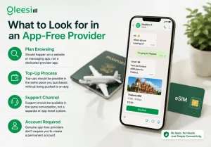 What to look for in an app-free travel eSIM provider including plan browsing, top-ups, support, and no account requirement
