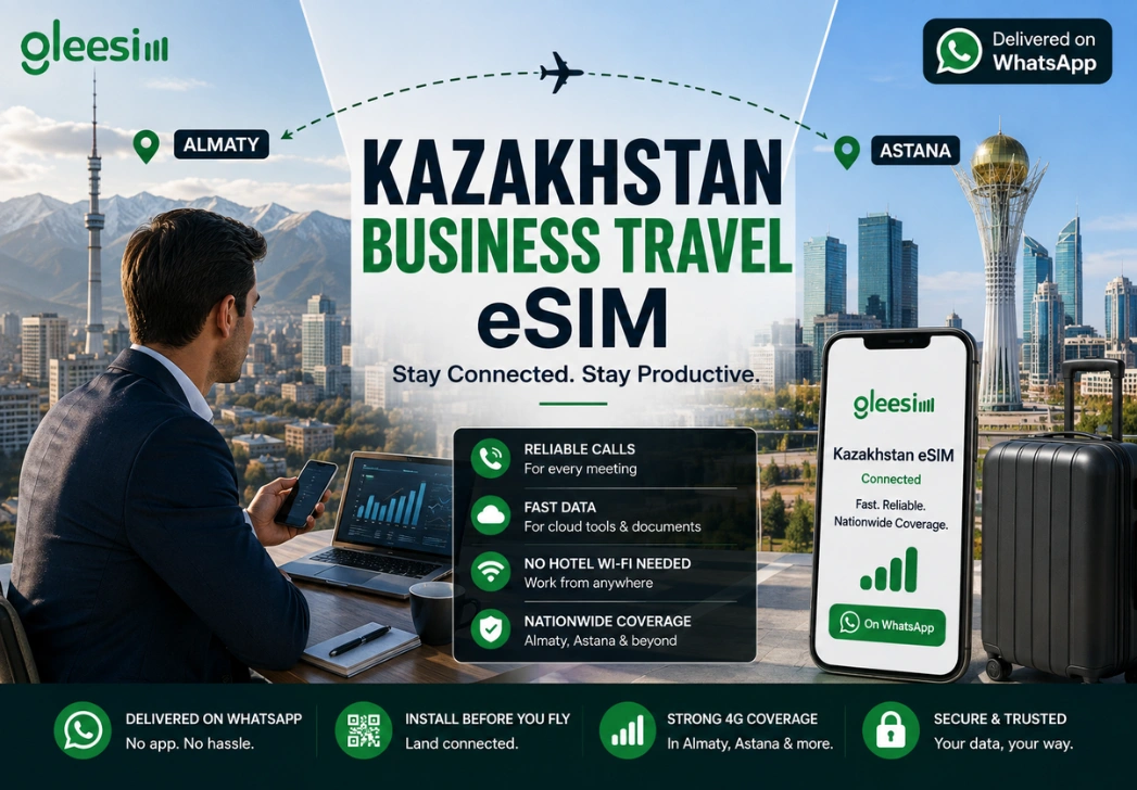 GleeSim Kazakhstan business travel eSIM for seamless connectivity in Almaty and Astana.