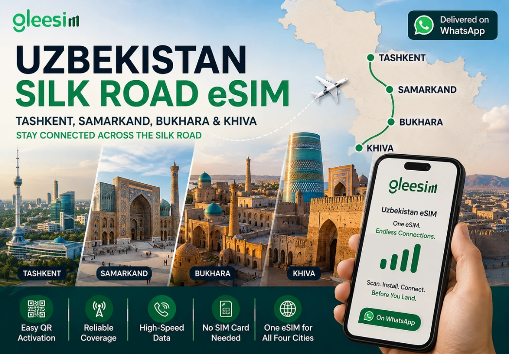 GleeSim Uzbekistan eSIM for seamless travel across Tashkent, Samarkand, Bukhara, and Khiva.