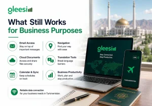 Business Travel to Ashgabat: An eSIM Guide for Turkmenistan 1 Business traveler using GleeSim eSIM for reliable mobile connectivity, video calls, and cloud access during international business trips.
