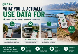 Traveler using GleeSim Kyrgyzstan eSIM for maps, transport booking, and communication in Bishkek and Issyk-Kul.