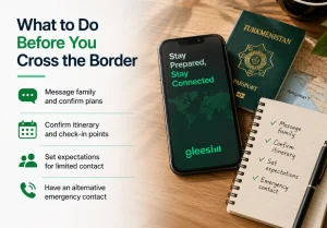 WhatsApp in Turkmenistan: What Actually Works and How to Prepare 1 Traveler preparing to cross the Kazakhstan–Uzbekistan border with GleeSim eSIM already activated for seamless cross-border connectivity.