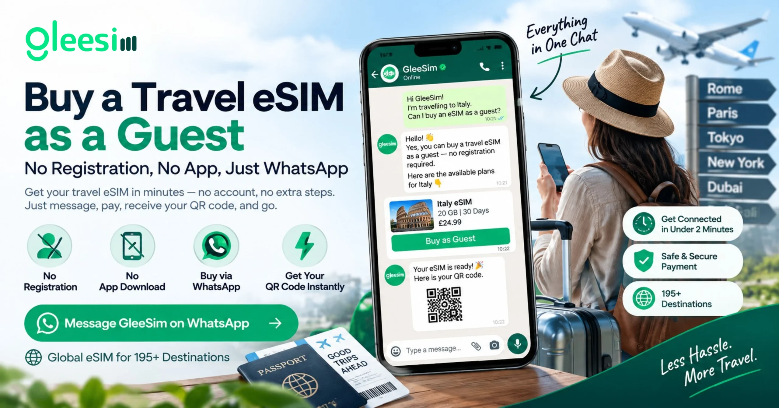 GleeSim travel eSIM guest checkout with no registration or app required