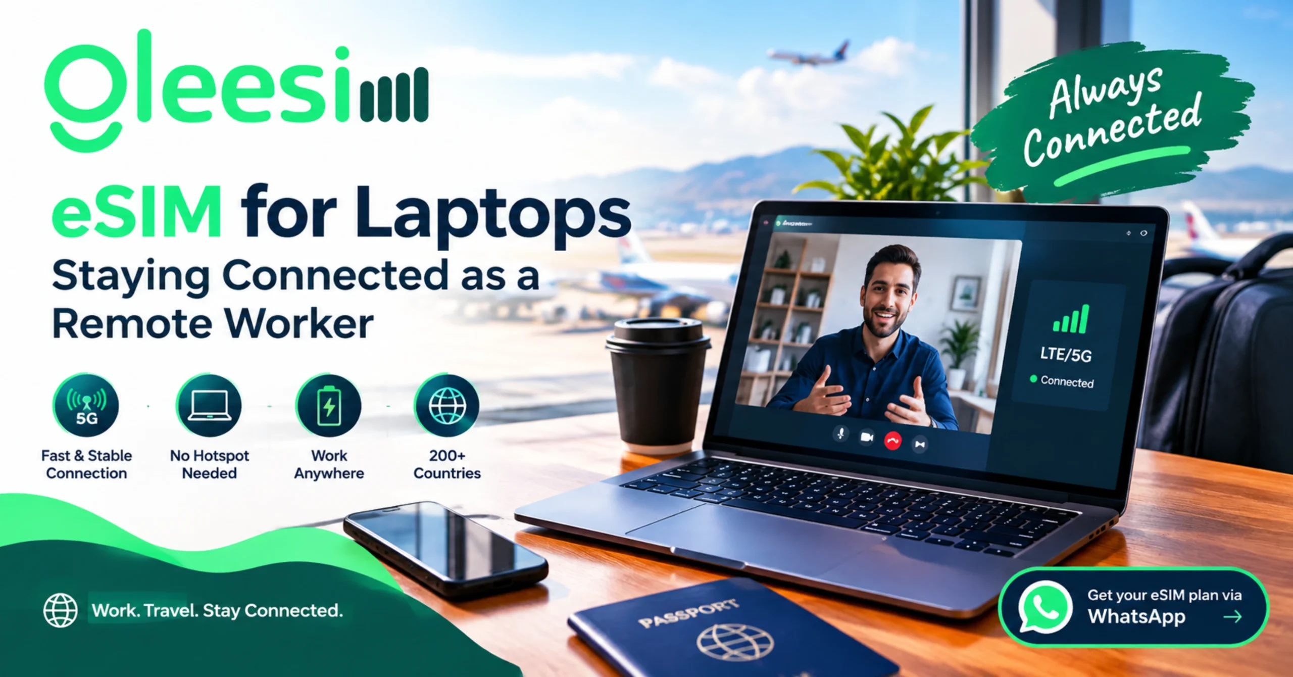 eSIM for laptops for remote workers travelling and staying connected