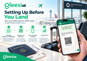 GleeSim Doha layover eSIM setup via WhatsApp before landing in Qatar