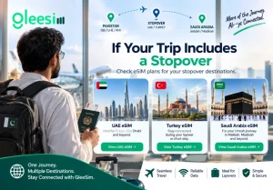 Travel eSIM options for Pakistan to Saudi Arabia trips with UAE or Turkey stopovers