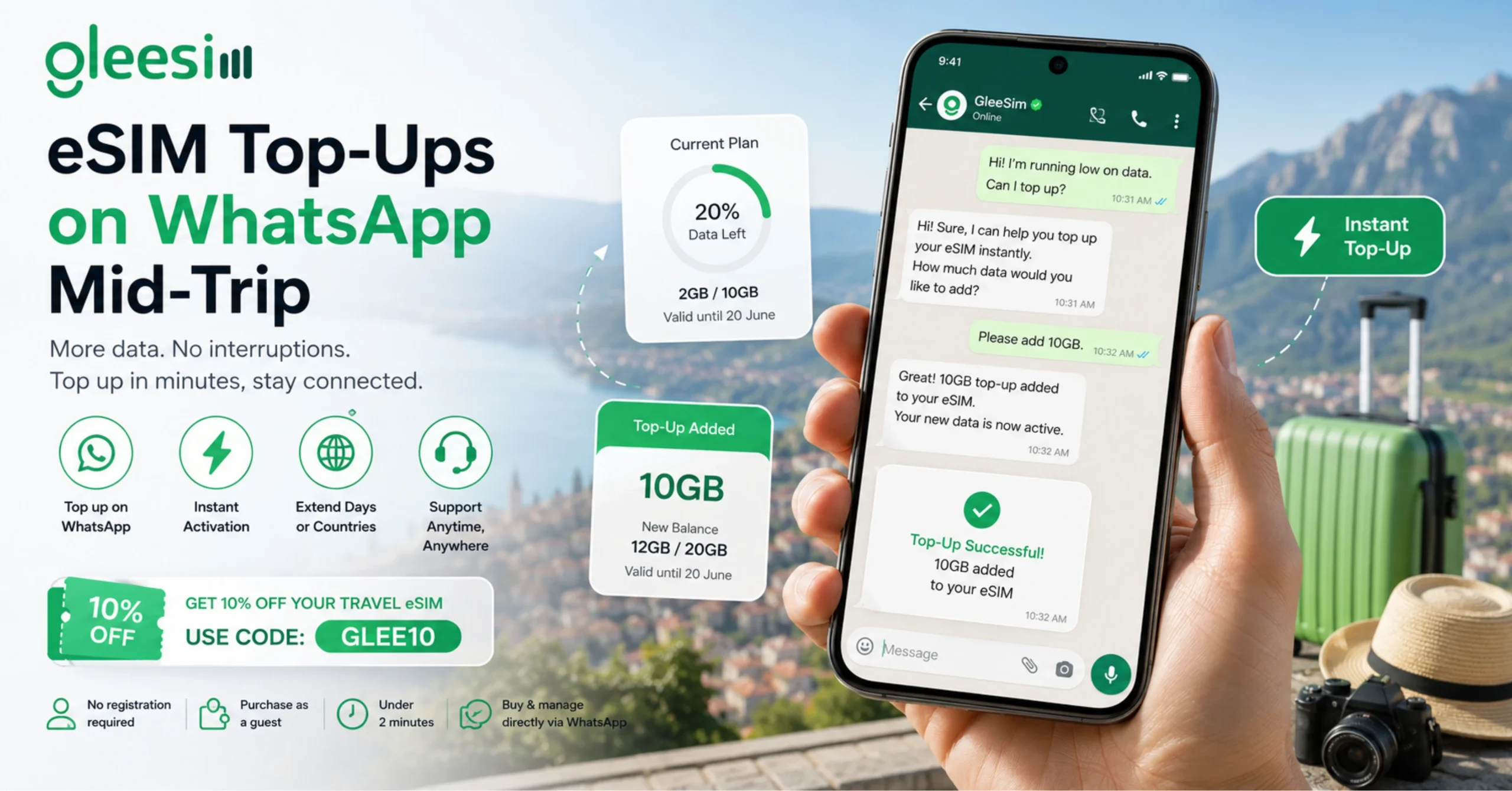 GleeSim eSIM top-up on WhatsApp while travelling with instant data activation