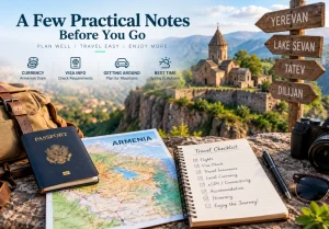 Armenia travel planning with passport, map and practical travel essentials
