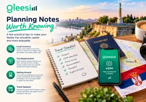 Serbia travel planning guide with passport, map, eSIM and travel checklist
