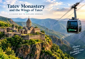 Tatev Monastery and Wings of Tatev cable car in Armenia's mountain landscape