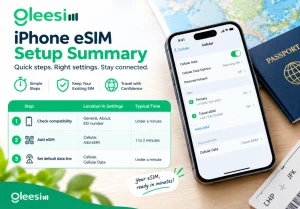 GleeSim iPhone eSIM setup summary showing Cellular settings and activation steps