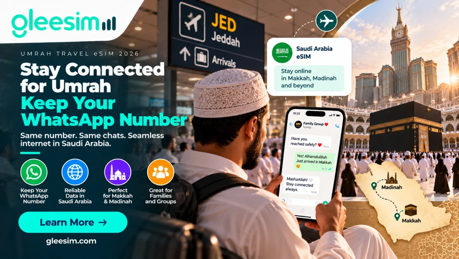 Keep WhatsApp Number on Umrah with a GleeSim eSIM