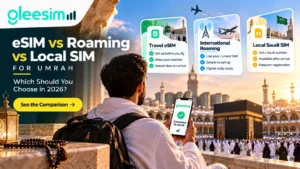 eSIM vs Roaming vs Local SIM for Umrah: Which Should You Choose in 2026? 1 Umrah SIM card or eSIM comparison table showing cost, setup and Saudi number